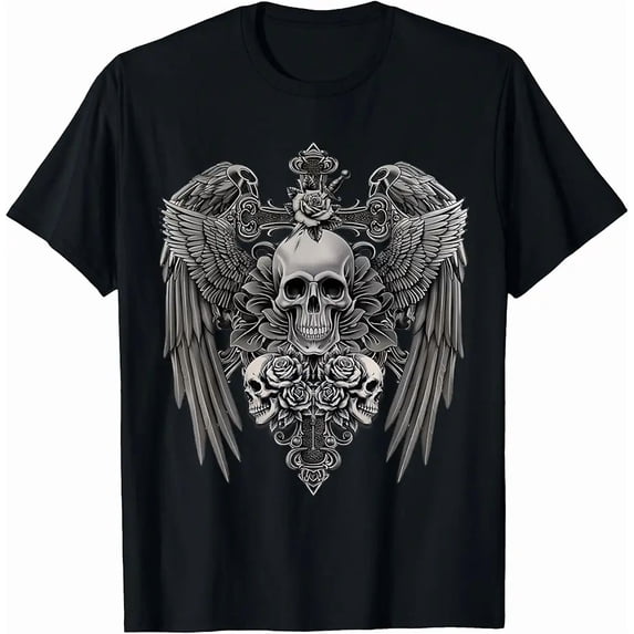 Men's Gothic Winged Skull Rose Cross Graphic T-Shirt