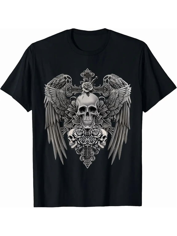 Men's Gothic Winged Skull Rose Cross Graphic T-Shirt