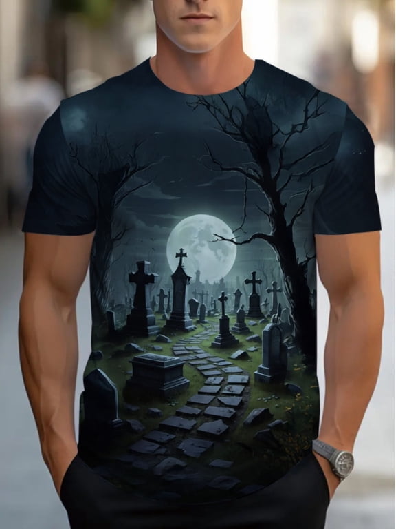 Men's Gothic cemetery printed T-shirt, Halloween party preferred, comfortable fabric, black, lightweight and durable design, suitable for night out or cross-dressing activities