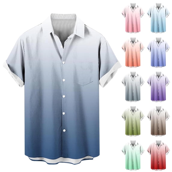 Men's Gradation Print Button Down Shirt | Quick Dry Short Sleeve Shirt Turndown Collar Relaxed Fit Casual Button Front 95 Polyester 5 Spandex Daily Beach Vacation Work Streetwear
