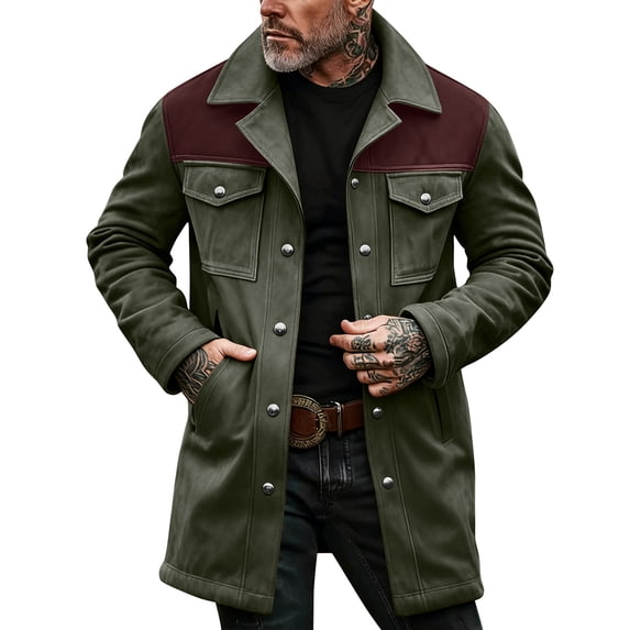 Men's Gradient Button Pocket Work Jacket with Fleece Lining and Suede Lining, Casual Long Coat Army Green L