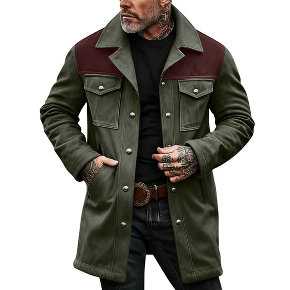 Men's Gradient Button Pocket Work Jacket with Fleece Lining and Suede Lining, Casual Long Coat Army Green XL