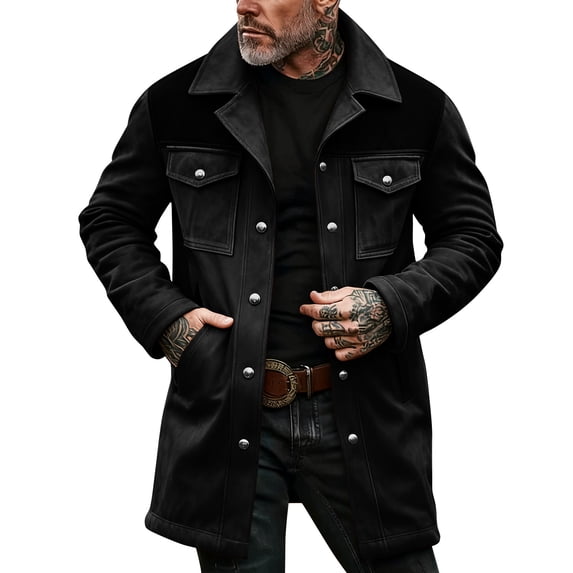 Men's Gradient Button Pocket Work Jacket with Fleece Lining and Suede Lining, Casual Long Coat Black S
