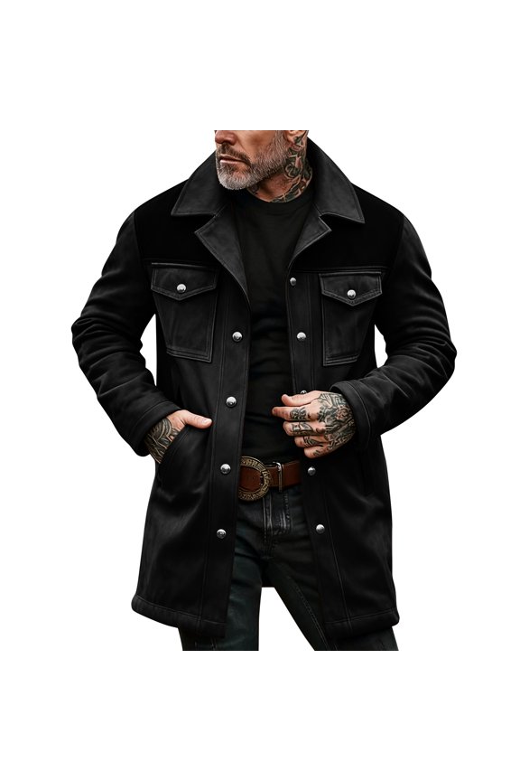 Men's Gradient Button Pocket Work Jacket with Fleece Lining and Suede Lining, Casual Long Coat Black XXL