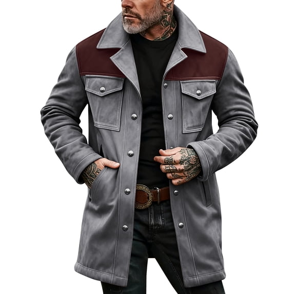 Men's Gradient Button Pocket Work Jacket with Fleece Lining and Suede Lining, Casual Long Coat Gray XL