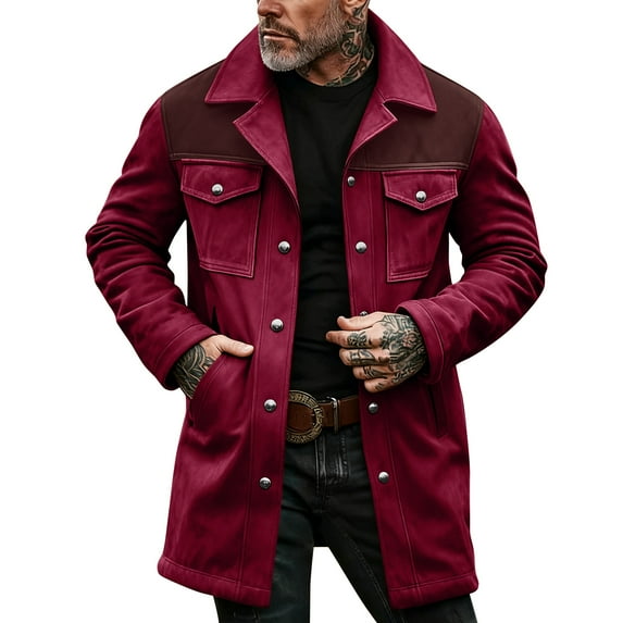 Men's Gradient Button Pocket Work Jacket with Fleece Lining and Suede Lining, Casual Long Coat Wine S