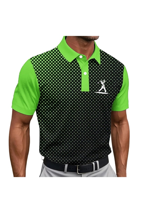 Men's Gradient Dot Print Golf Polo Shirt, Short Sleeve Collared Performance Top Black