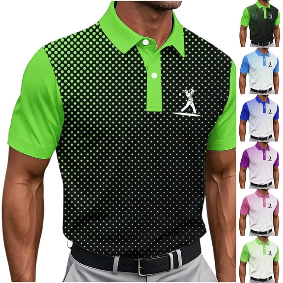 Men's Gradient Dot Print Golf Polo Shirt, Short Sleeve Collared Performance Top Black