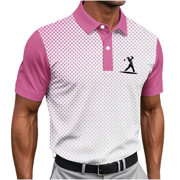 Men's Gradient Dot Print Golf Polo Shirt, Short Sleeve Collared Performance Top Pink