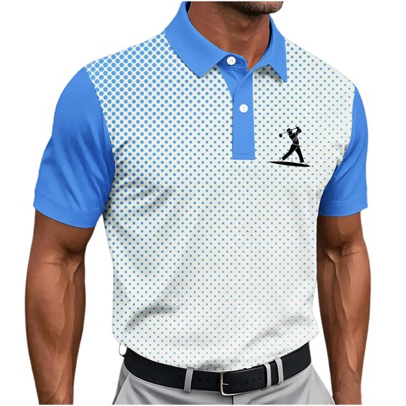 Men's Gradient Dot Print Golf Polo Shirt, Short Sleeve Collared Performance Top Sky Blue