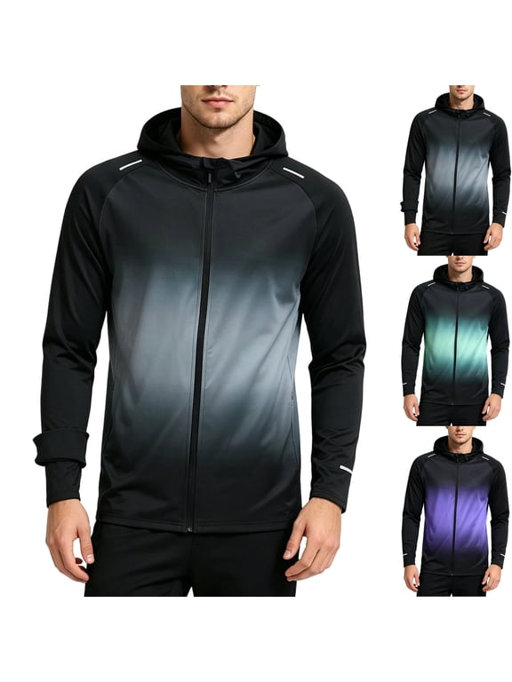 Men's Gradient Full Zip Hoodie Running Track Jacket Athletic Moisture Wicking Quick Dry Raglan Long Sleeve Sweatshirt for Training Workout, Gray, L