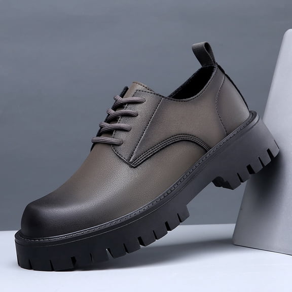 Men's Gradient Grey Chunky Platform Derby Leather Shoes, Lace Up Non-Slip Lug Sole Casual Work Oxford Shoes, Height Increasing Street Fashion Outdoor Footwear