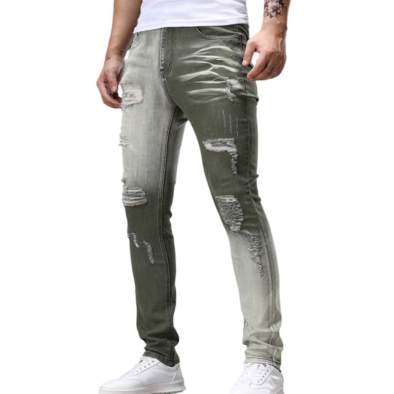 Men's Gradient Jeans Ripped Skinny Denim Jeans Distressed High Waist Tapered Pants Full Length Fashion Party Streetwear XL