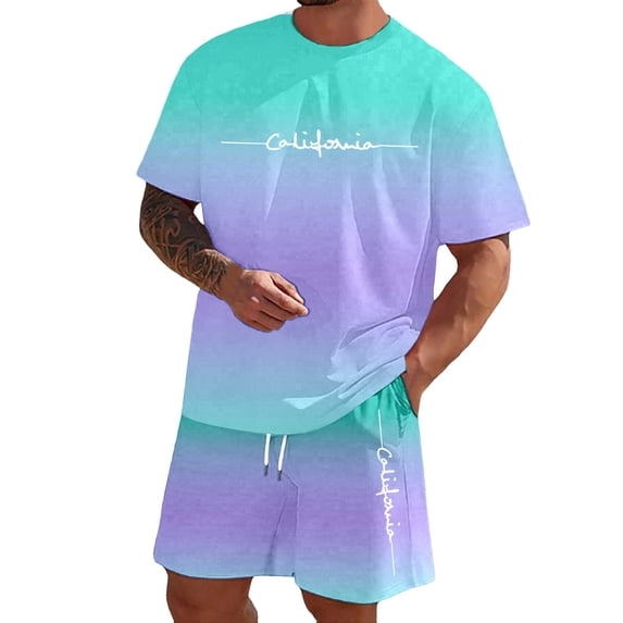 Men's Gradient Letter Print T-Shirt & Shorts Set, Casual Summer Two-Piece Outfit,Light Purple,M
