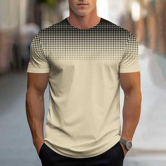 Men's Gradient Print Casual Stretch Sports T-Shirt - Moisture-Wicking Breathable Crew Neck for Gym, Outdoor Hiking, Daily Wear,01-Khaki_3XL