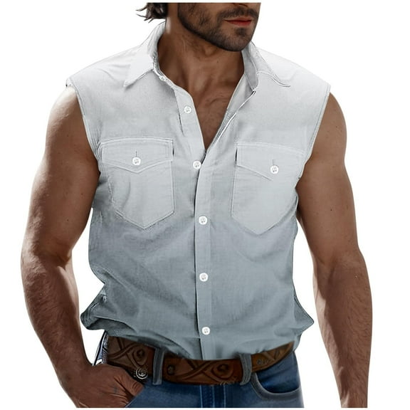 Men's Gradient Print Sleeveless Shirt Casual Fashion Tank Top Turn down Collar Pocketed Button front Shirt