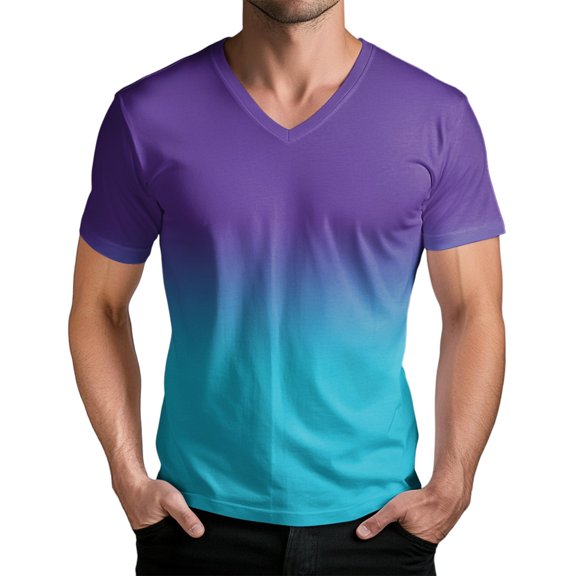 Men's Gradient Print V-Neck Short Sleeve T-Shirt - Fashionable Fade Effect Design for Parties, Club Wear and Modern Stylish Summer Looks,Light Blue L
