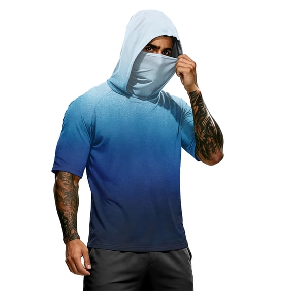 Men's Gradient Quick Dry T-Shirt Hooded Short Sleeve Sun Protection Top Performance Lightweight Fishing Athletic Workout Shirt