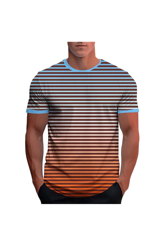 Men's Gradient Striped T-Shirt Summer Crewneck Short Sleeve Casual Pullover Summer Workout Athletic Tee