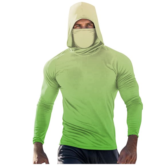 Men's Gradient Sun Protection Hooded with Mask Summer Long Sleeve Breathable Shirts Cooling Fishing Hiking Workout Tops