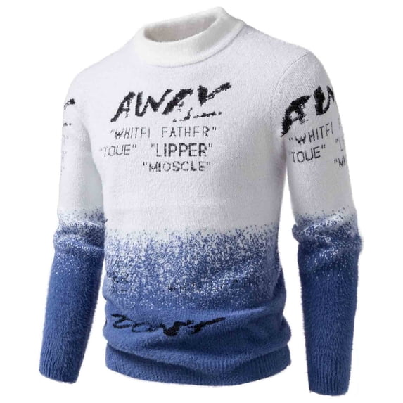Men's Gradient Sweaters Thickened Faux Fur Long Sleeve Pullover Tops Oversized Knit Sweater Mock Neck Outfit Blue-1 L