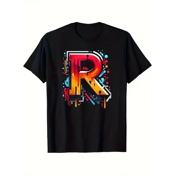 Men's Graffiti Art R Initial Letter T-Shirt - 100% Cotton Relaxed Fit Short Slee