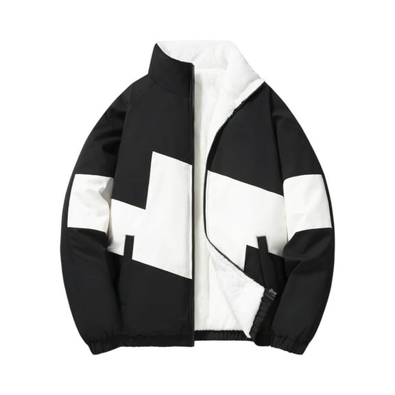 Men's Graphene Thermal Thick Fleece-Lined Colorblock Stand Collar Cotton Jacket, Black, Size M