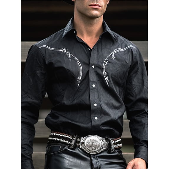 Men's Graphic Button Down Shirts Vintage Western Cowboy Collared Long Sleeve Shirt Top Black 01 3XL