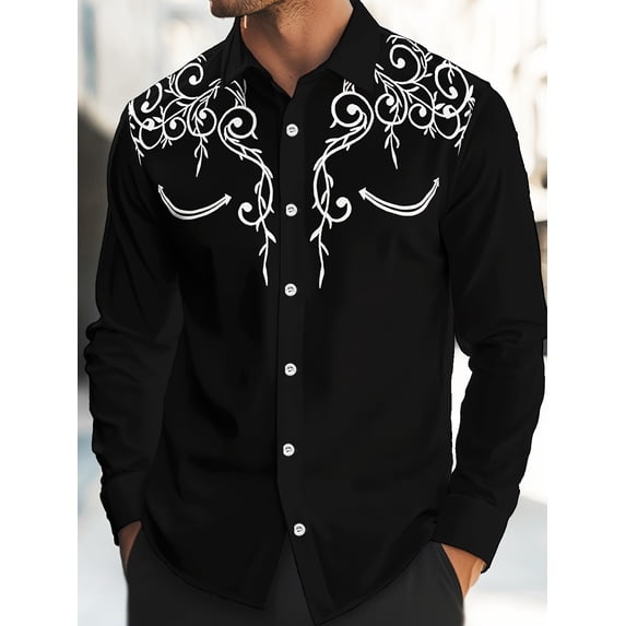 Men's Graphic Button Down Shirts Vintage Western Cowboy Collared Long Sleeve Shirt Top Black 03 XL