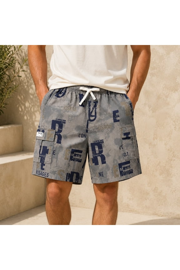 Men’s Graphic Cargo Shorts, Elastic Waist Drawstring Casual Shorts with Multi Pockets, Loose Fit Knee Length Summer Shorts for Daily Wear
