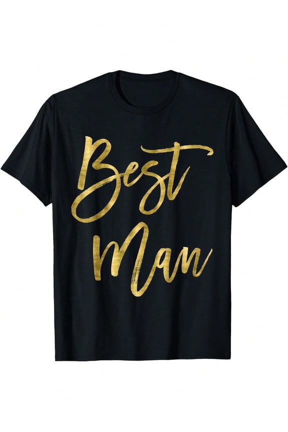 Men's Graphic Cotton T-Shirt for Men - Black with Golden Script, Casual Bachelor Party Tee, Short Sleeve, Round Neck, Machine Washable, Event Attire | Script Style Shirt | Durable Print Shirt