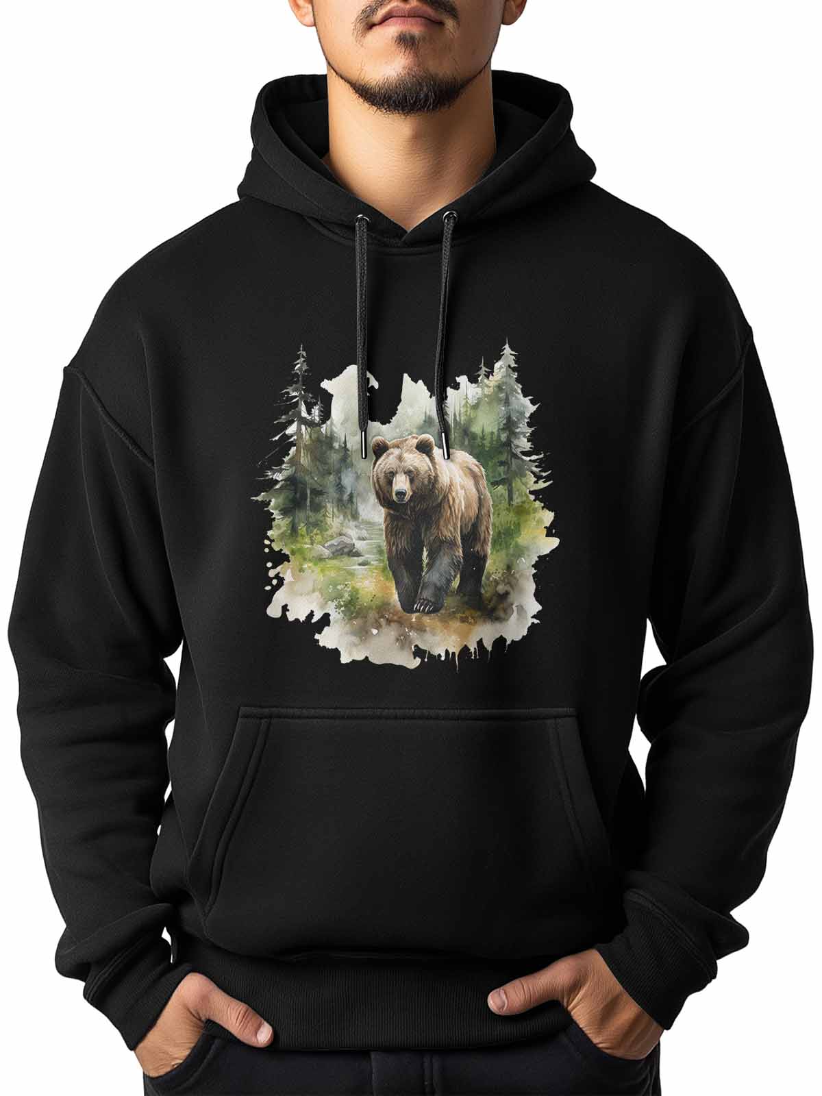 Men's Bear Print Hoodie - Reflective Drop Shoulder Pullover Sweatshirt With Drawstring