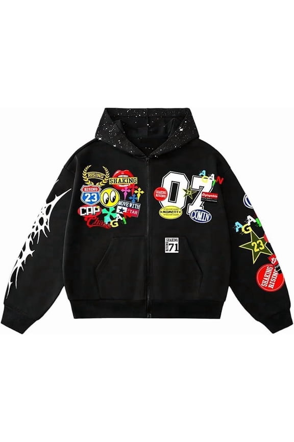 Men's Graphic Oversized Hoodies Y2k Zip Up Long Sleeve Hooded Sweatshirt Jacket Streetwear