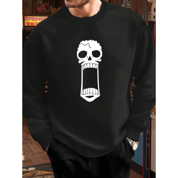Men's Graphic Print Crew Neck Long-Sleeved Sweatshirt. Featuring Anime Skull Motif. A Versatile Streetwear Design. A Great Gift.Fall Outfis