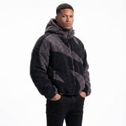 Men s Graphic Sherpa Jacket | High Neck Fluffy Zip-Up Hoodie | Y2K Streetwear Winter Coat Black, M