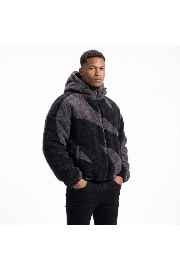 Men’s Graphic Sherpa Jacket | High Neck Fluffy Zip-Up Hoodie | Y2K Streetwear Winter Coat (Black, XL)