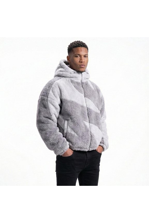 Men’s Graphic Sherpa Jacket | High Neck Fluffy Zip-Up Hoodie | Y2K Streetwear Winter Coat (Gray, M)