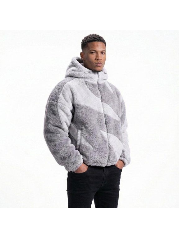 Men’s Graphic Sherpa Jacket | High Neck Fluffy Zip-Up Hoodie | Y2K Streetwear Winter Coat (Gray, XL)