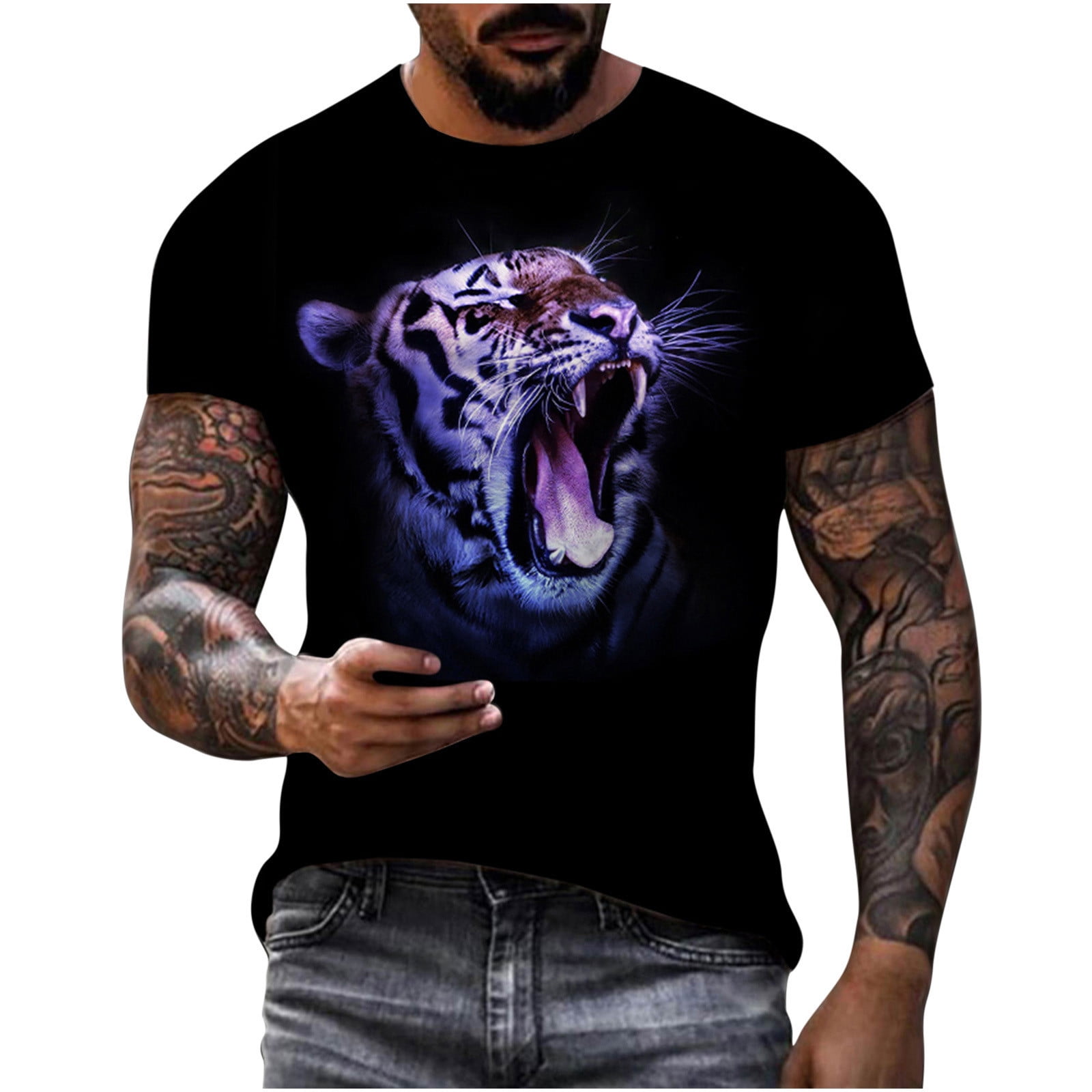 Men's Cool 3d Tiger Graphic Print T Shirt, Summer Funky Street