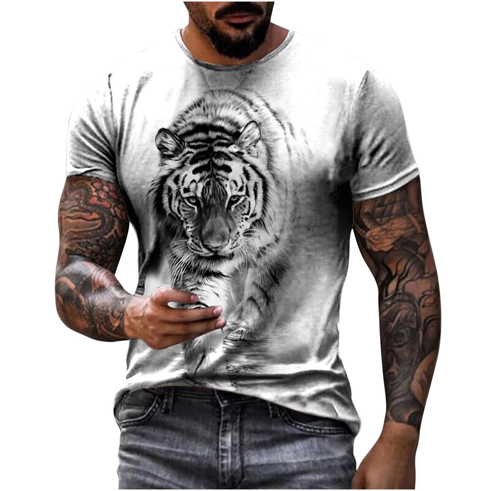 Men's Graphic T-Shirt 3D Tiger Animal Printed Short Sleeve Running Gym  Workout Casual Tees Fashion Top Crew Neck Top