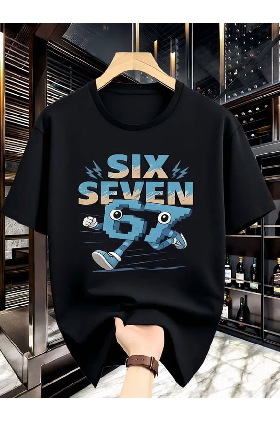 Men's Graphic T-Shirt Black Short Sleeve Crew Neck Casual Top Six Seven 67 Pixel Character Design