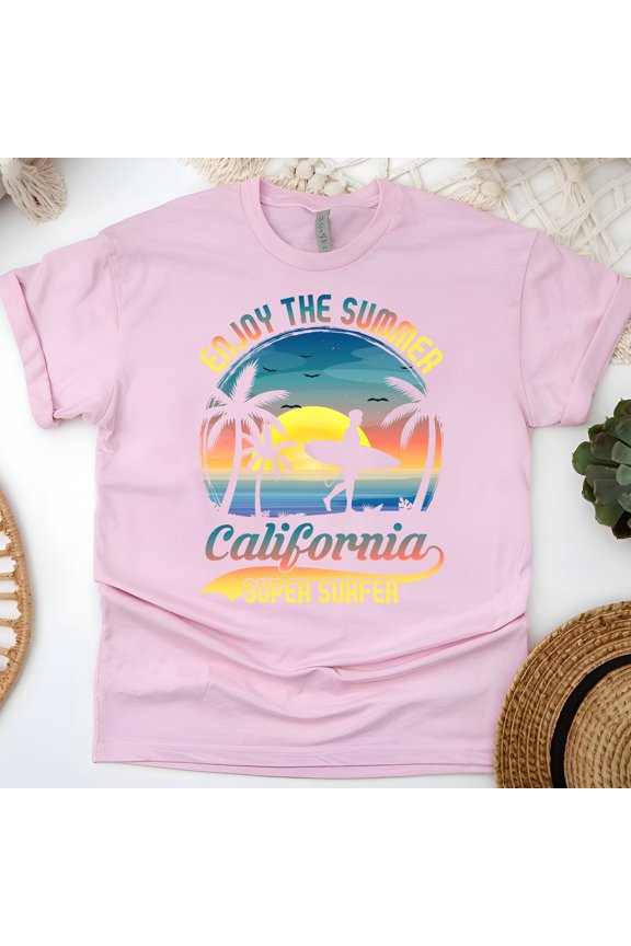 Men's Graphic T-Shirt California Super Surfer Tropical Beach Tee, Light Pink, Size M