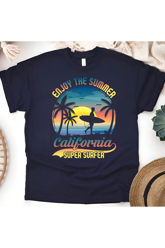 Men's Graphic T-Shirt California Super Surfer Tropical Beach Tee, Navy, Size L