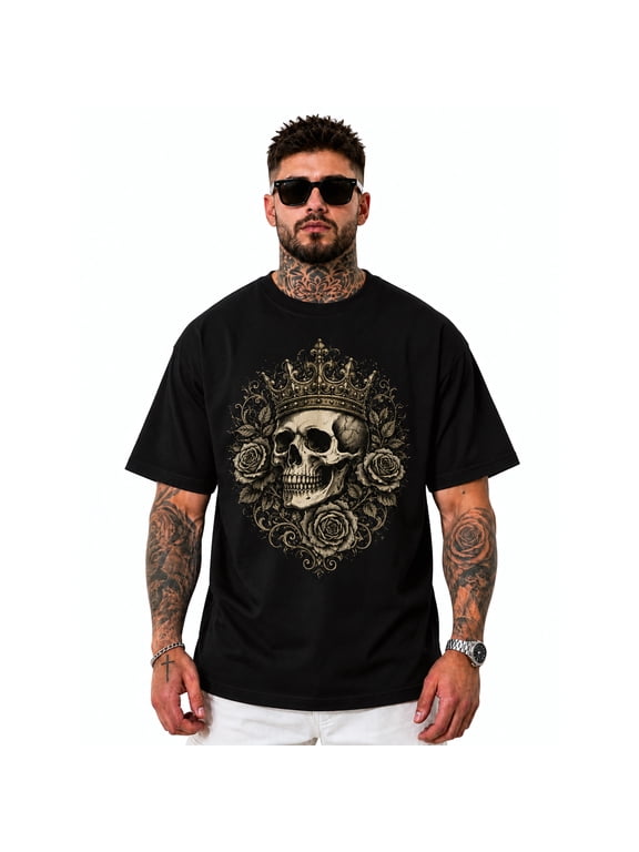 Men's Graphic T-Shirt, Crew Neck Short Sleeve, Skull Crown and Rose Design, Relaxed Fit