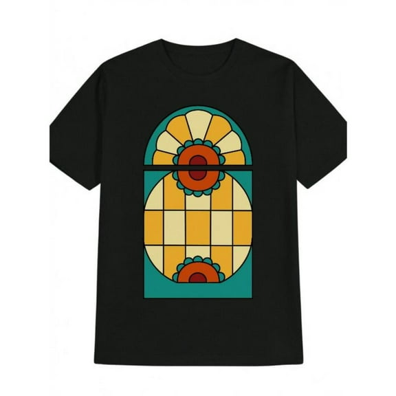 Men's Graphic T-Shirt,Orange Stained Glass Sunrise Print, Interesting design，Streetwear，Causal，cotton，black，S-5XL