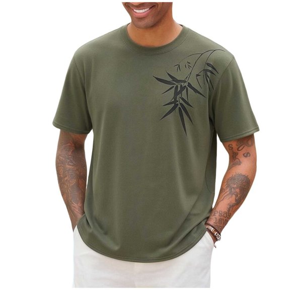 Men's Graphic T Shirt Short Sleeve Crewneck Casual Bamboo Leaf Print Tee Retro Summer Beach Tops