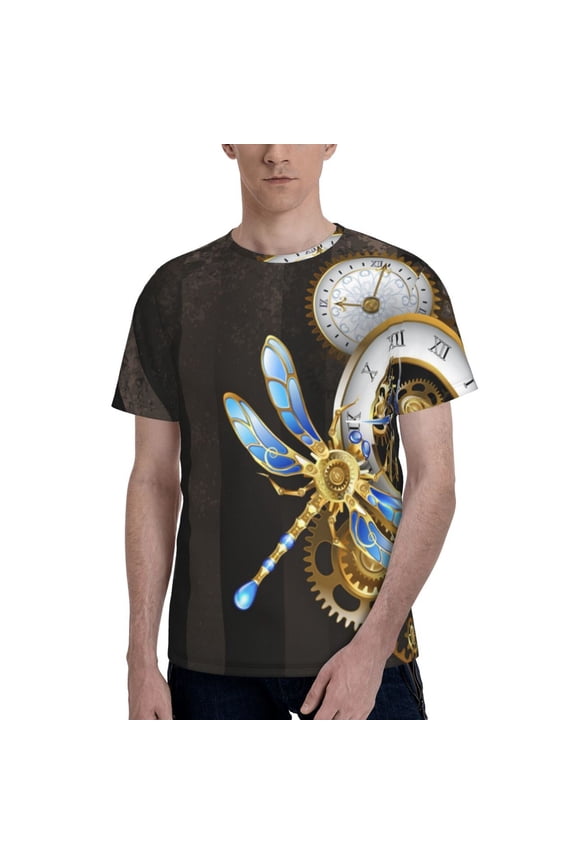 Men's Graphic T Shirt Short Sleeve Summer Casual Tee, Dials With Dragonfly Steampunk Gold Clock