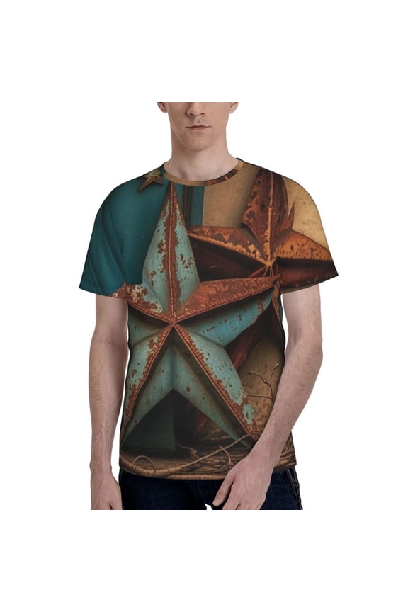Men's Graphic T Shirt Short Sleeve Summer Casual Tee, Rusty Stars Country Primitive Rustic Vintage