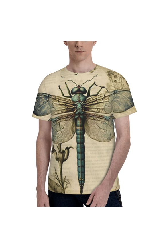 Men's Graphic T Shirt Short Sleeve Summer Casual Tee, Vintage Dragonfly Art