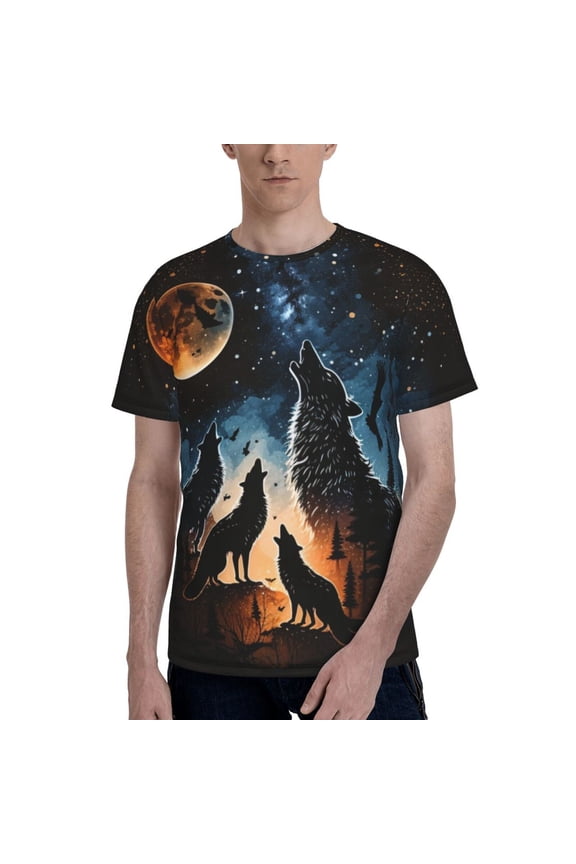 Men's Graphic T Shirt Short Sleeve Summer Casual Tee, Wolf Howling Wolves Moon Night Stars